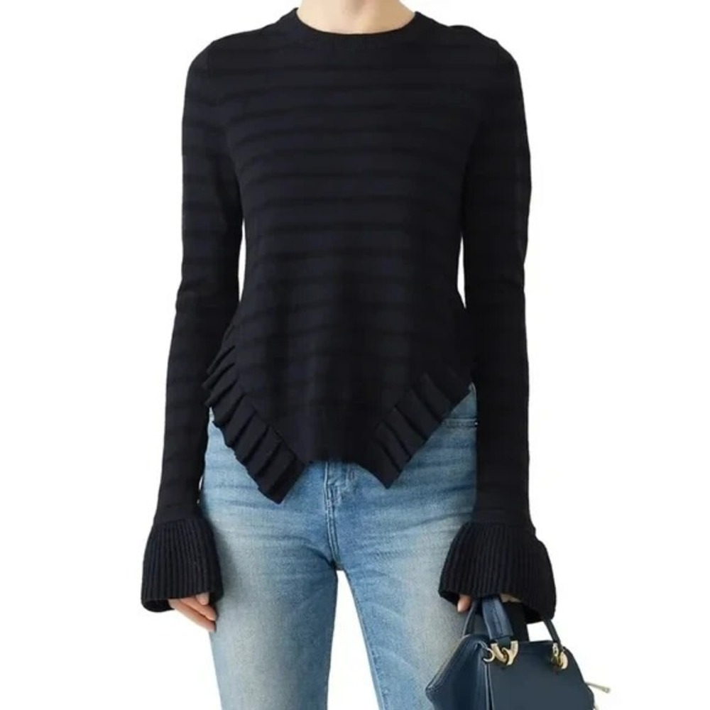 Tabula Rasa Stripe Women's Sweater Bell Sleeve Navy Black Merino Wool Ruffles S